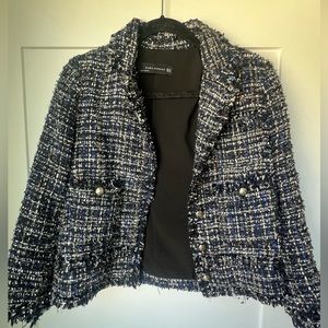 Zara Womens Boucle Tweed Black Royal Blue Fringe trimmed jacket